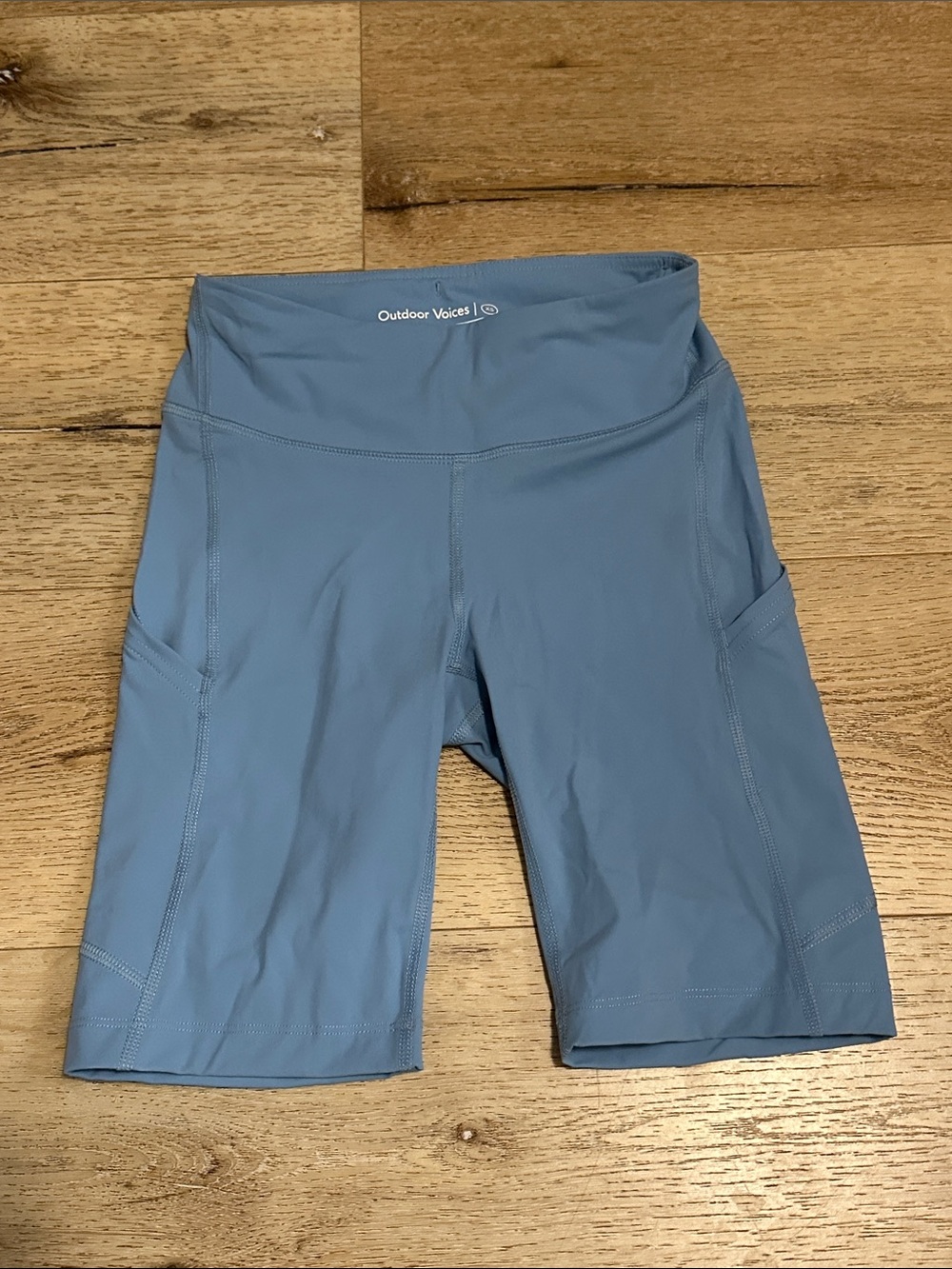 Outdoor Voices Slate Blue High-Rise Bike Shorts with Side Pockets